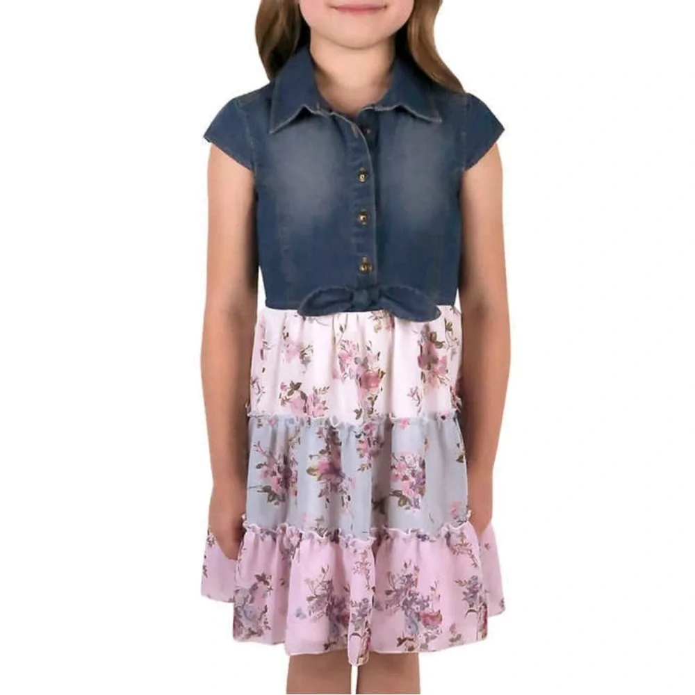 Zunie Girl's Denim Chiffon Tiered Floral Print Dress